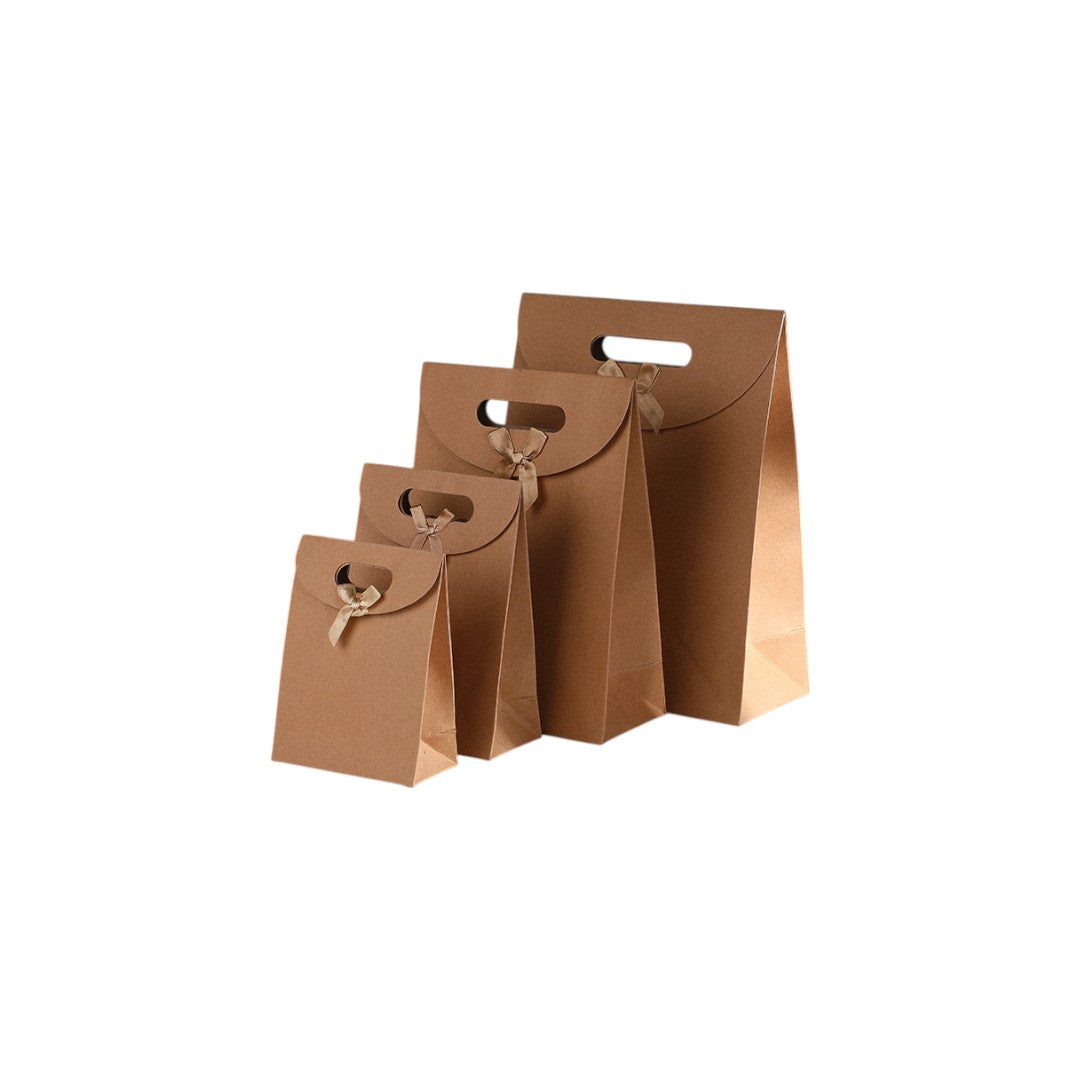 Kraft Paper Gift Bag Die Cut Handle with Bow Ribbon