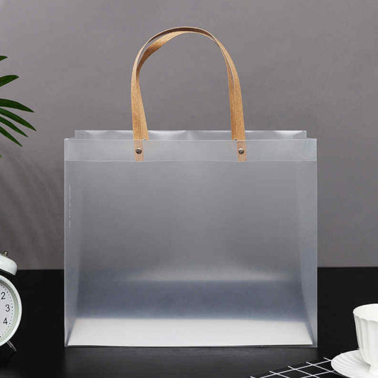 PVC Plastic Frosted Landscape Reusable Gift Bag with Brown Strip Handle