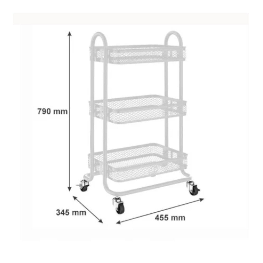Storage Rack White Wire Mesh 3 Shelves On A Metal Frame with Casters 450x345×790mm