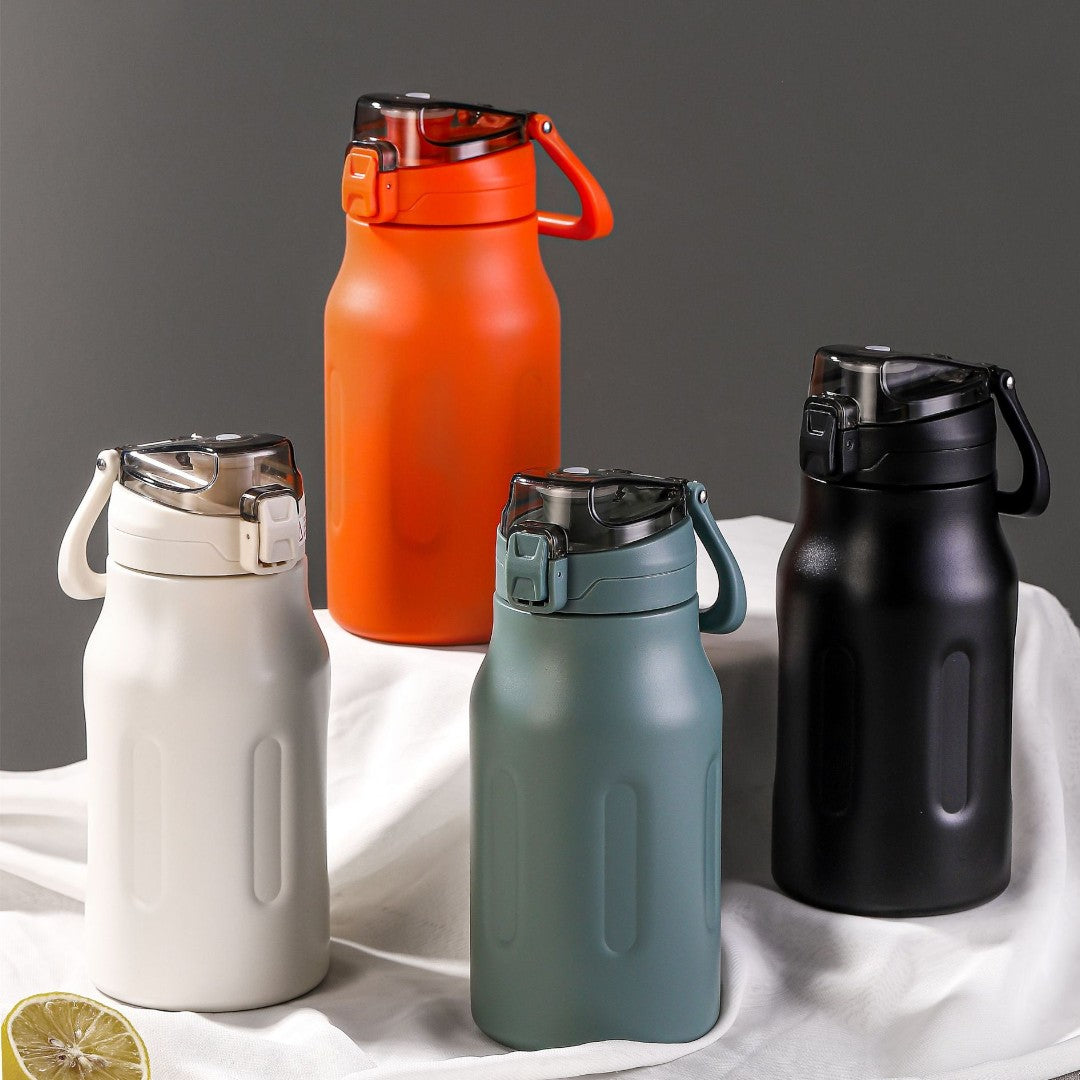 Stainless Steel Metal Thermos One-handed Opening Water Bottle with Lid and Straw