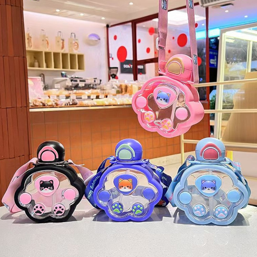 Plastic Cartoon Cat Paw Water Bottle with Mini Straw 520ml