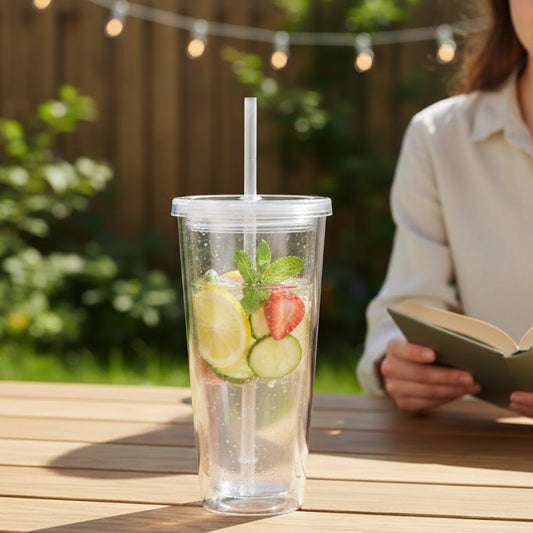 650ML Clear Plastic Double Wall Reusable With Flat Lid Double Layer Straw