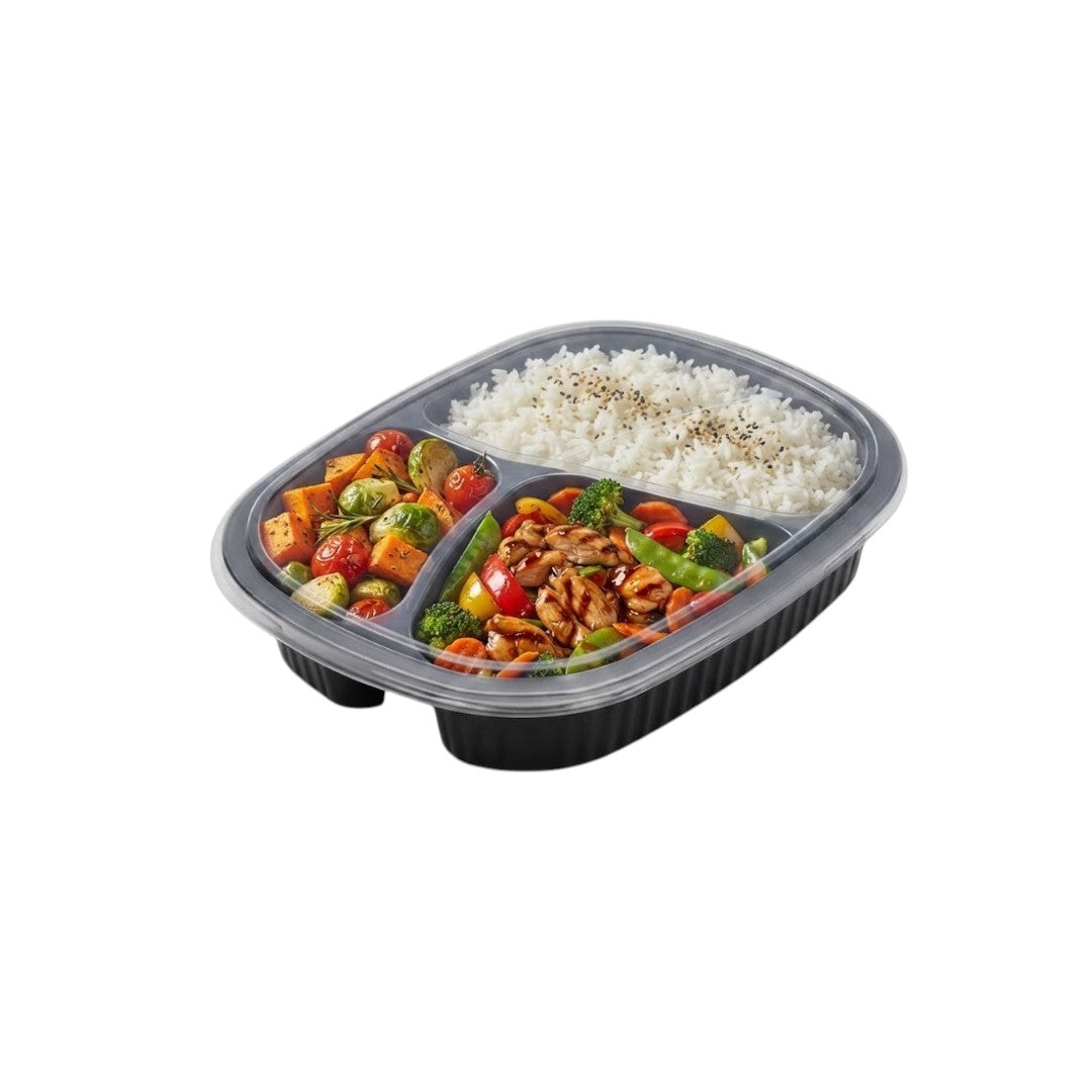 Disposable 3-Compartment Division Meal Tray M465 with Black Base and Clear Lid – 10 Pack