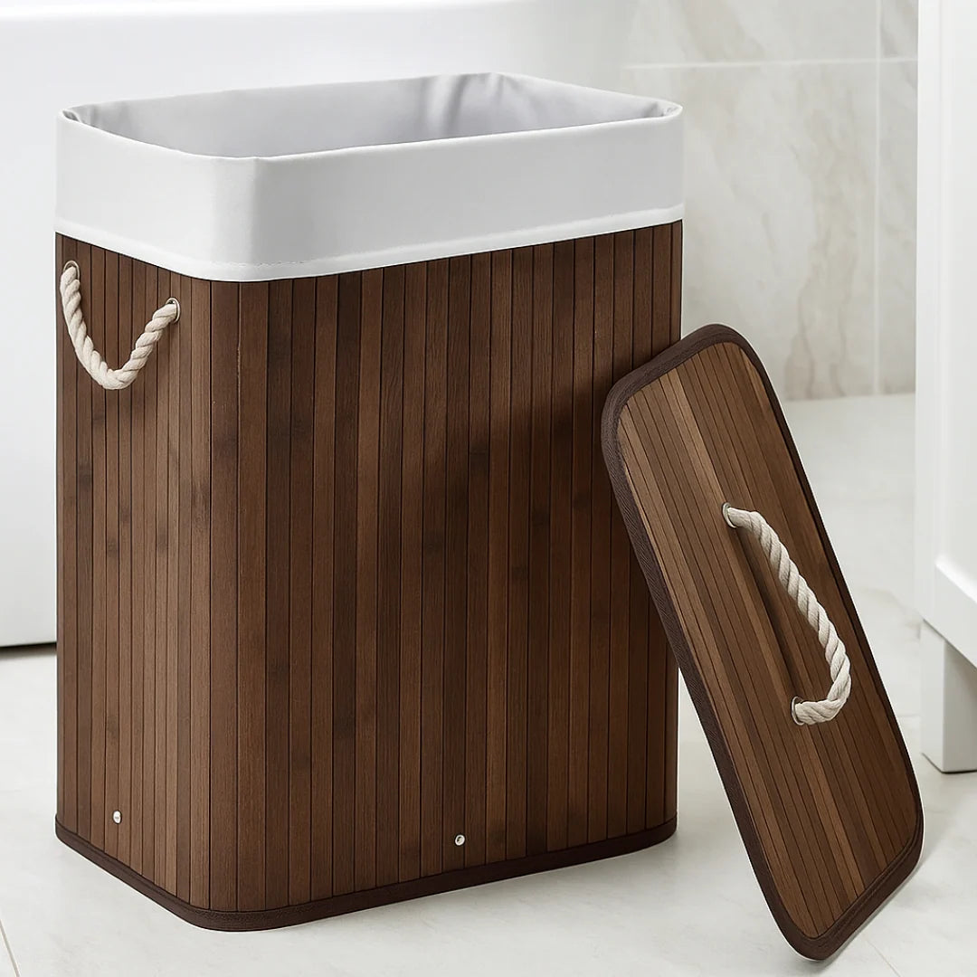 Bamboo Brown Laundry Bin With Lid 72Ltr