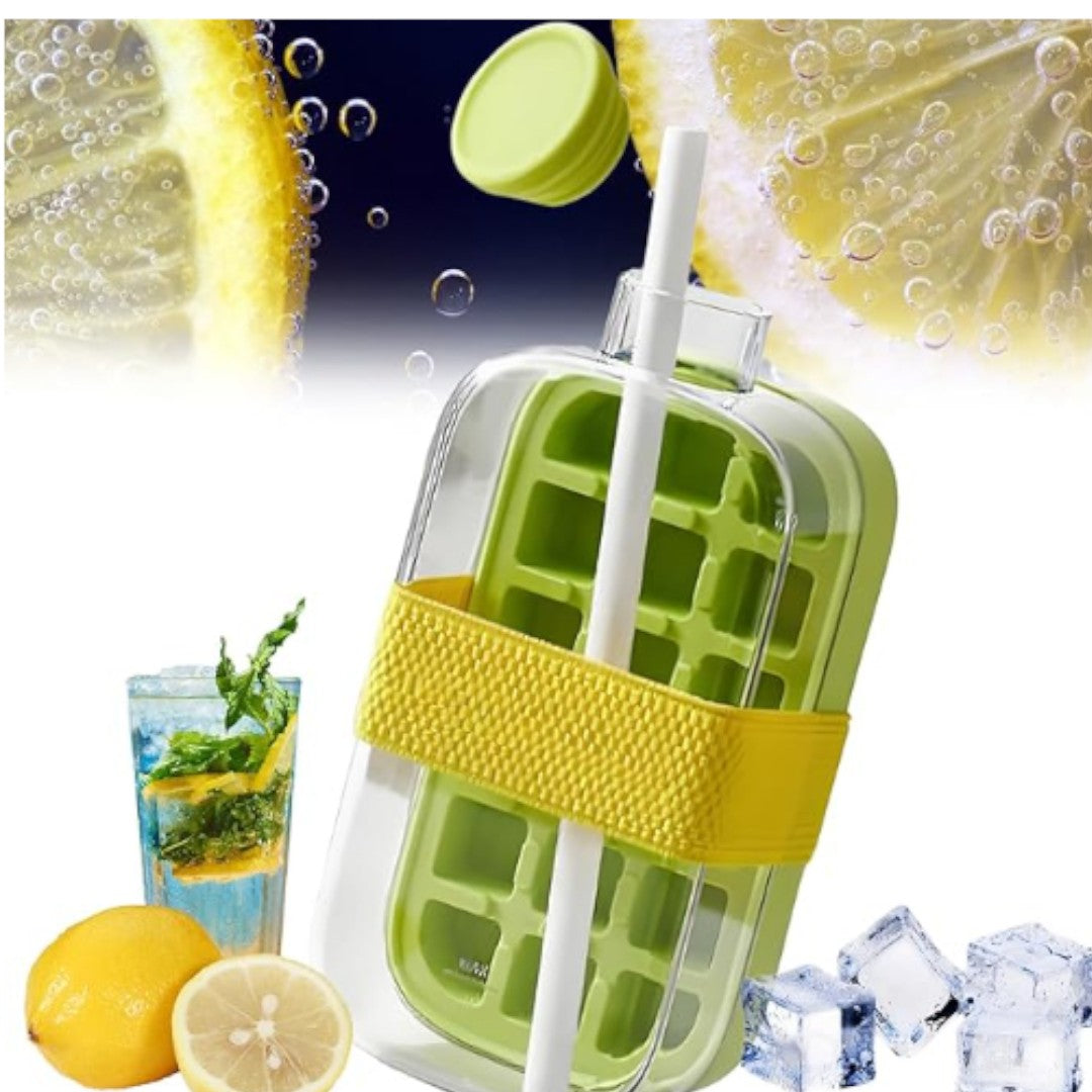 Reusable Ice Cube Tray Storage Box and Water Bottle Maker with Strap-on Straw