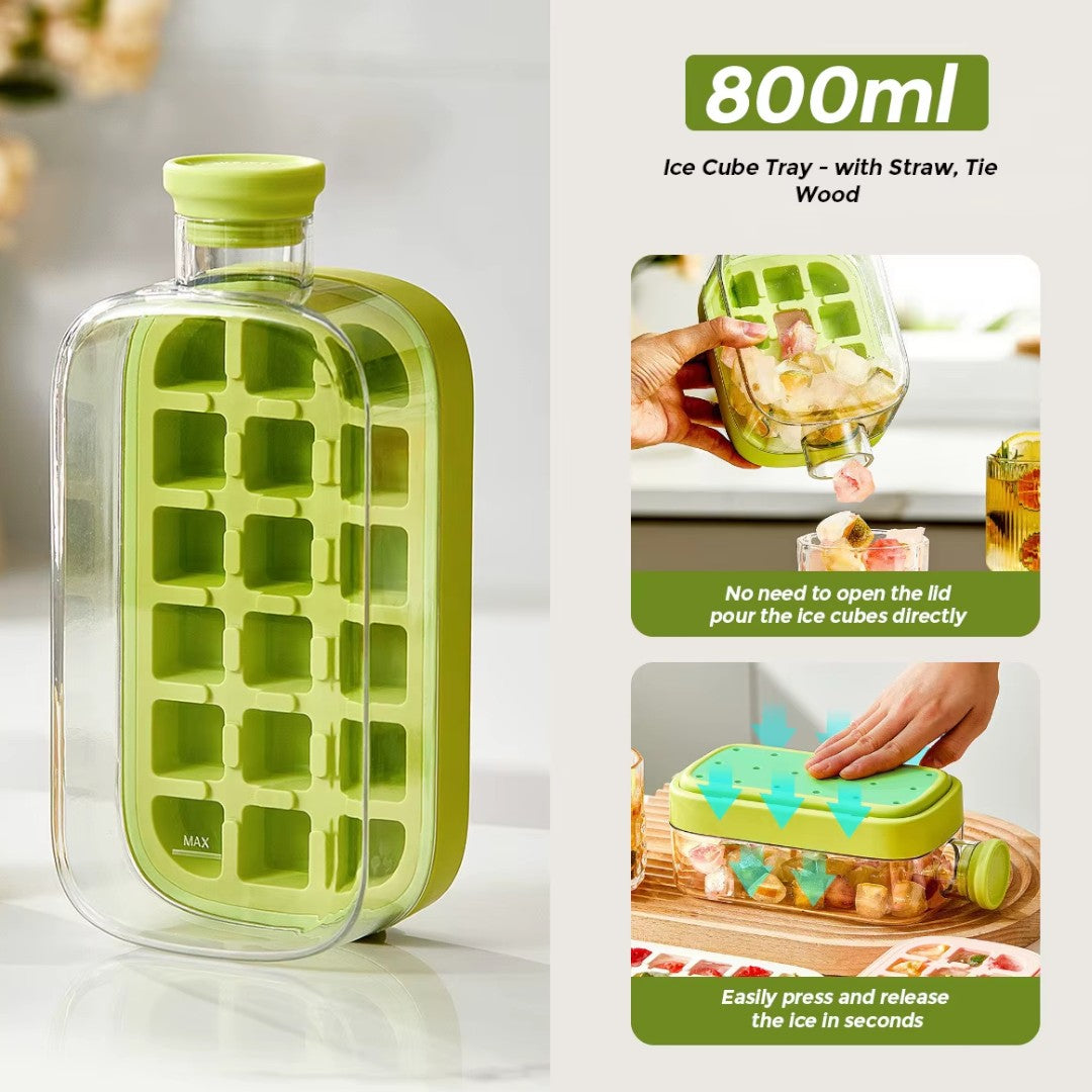 Reusable Ice Cube Tray Storage Box and Water Bottle Maker with Strap-on Straw