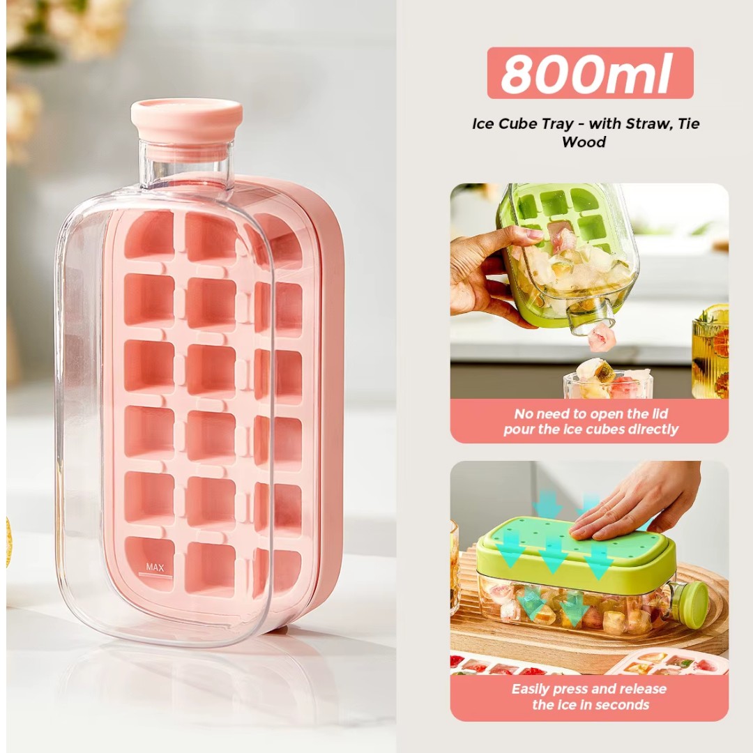 Reusable Ice Cube Tray Storage Box and Water Bottle Maker with Strap-on Straw