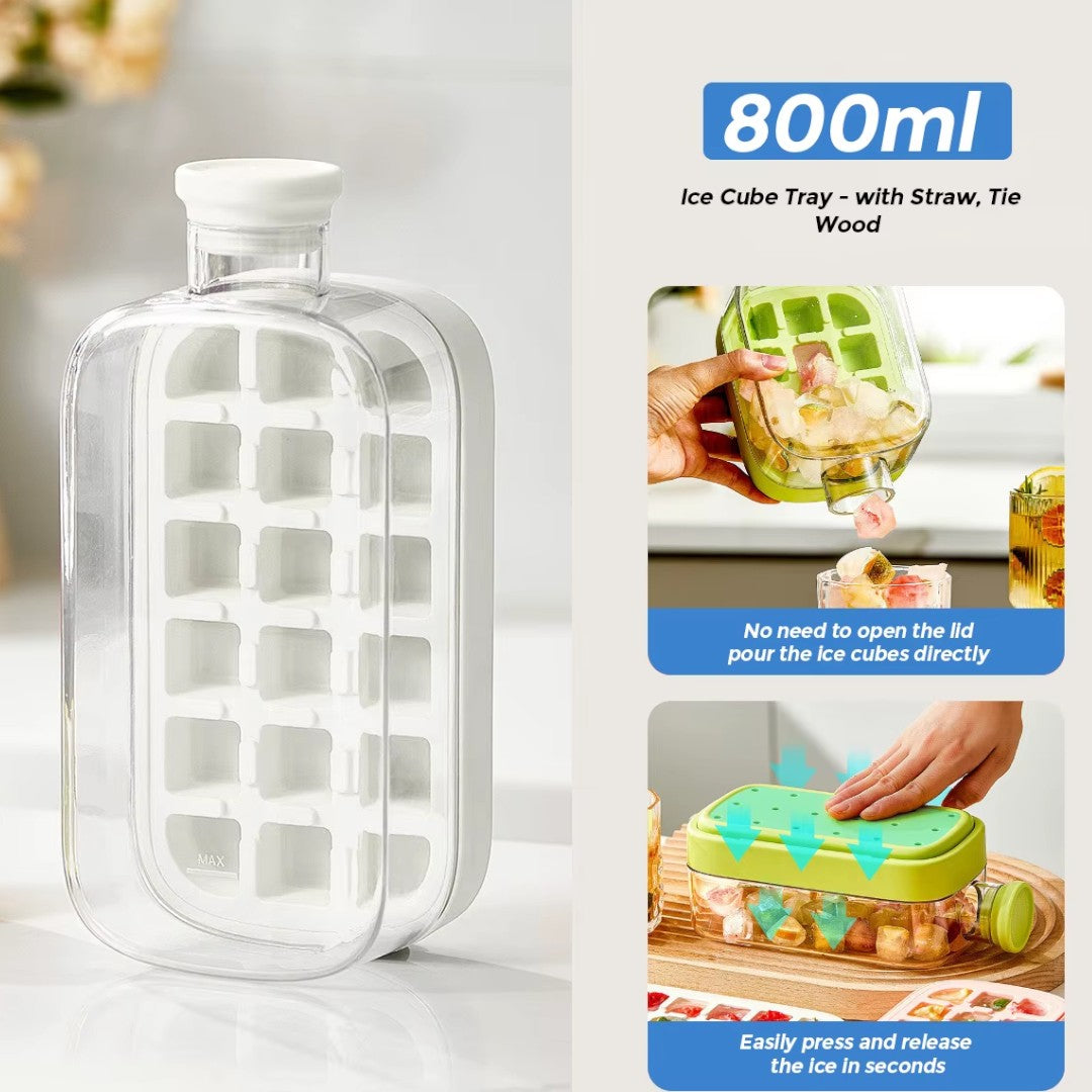 Reusable Ice Cube Tray Storage Box and Water Bottle Maker with Strap-on Straw