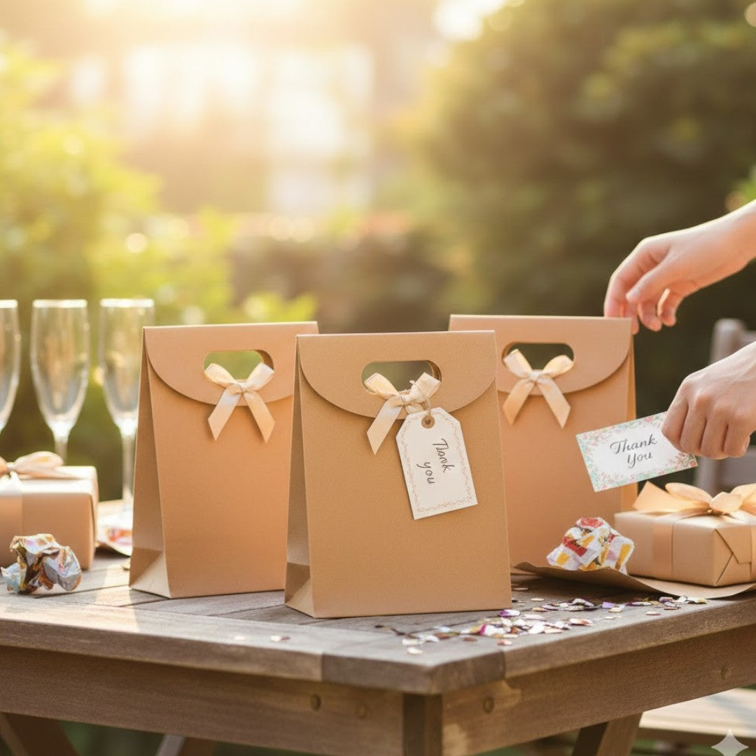 Kraft Paper Gift Bag Die Cut Handle with Bow Ribbon