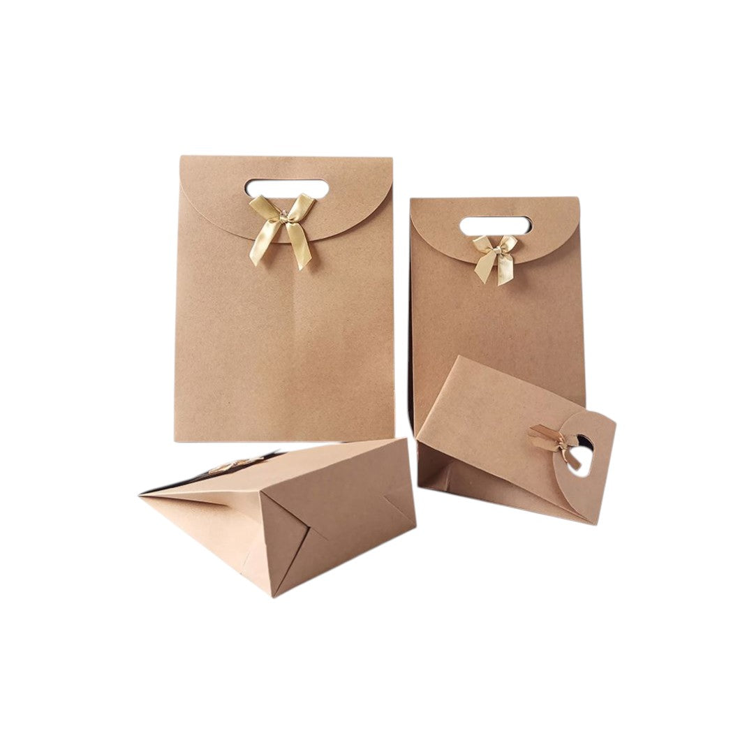 Kraft Paper Gift Bag Die Cut Handle with Bow Ribbon