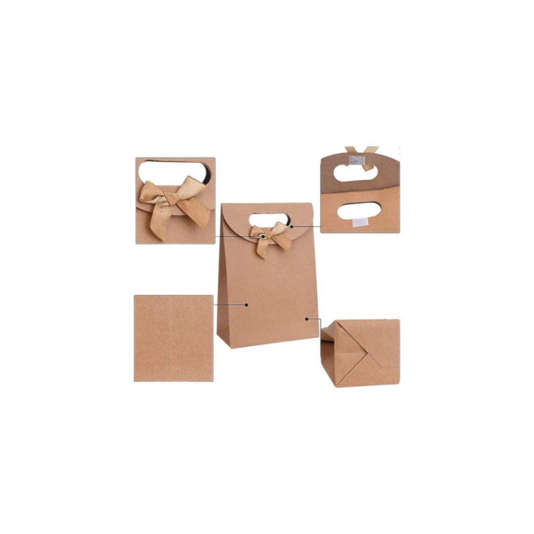 Kraft Paper Gift Bag Die Cut Handle with Bow Ribbon