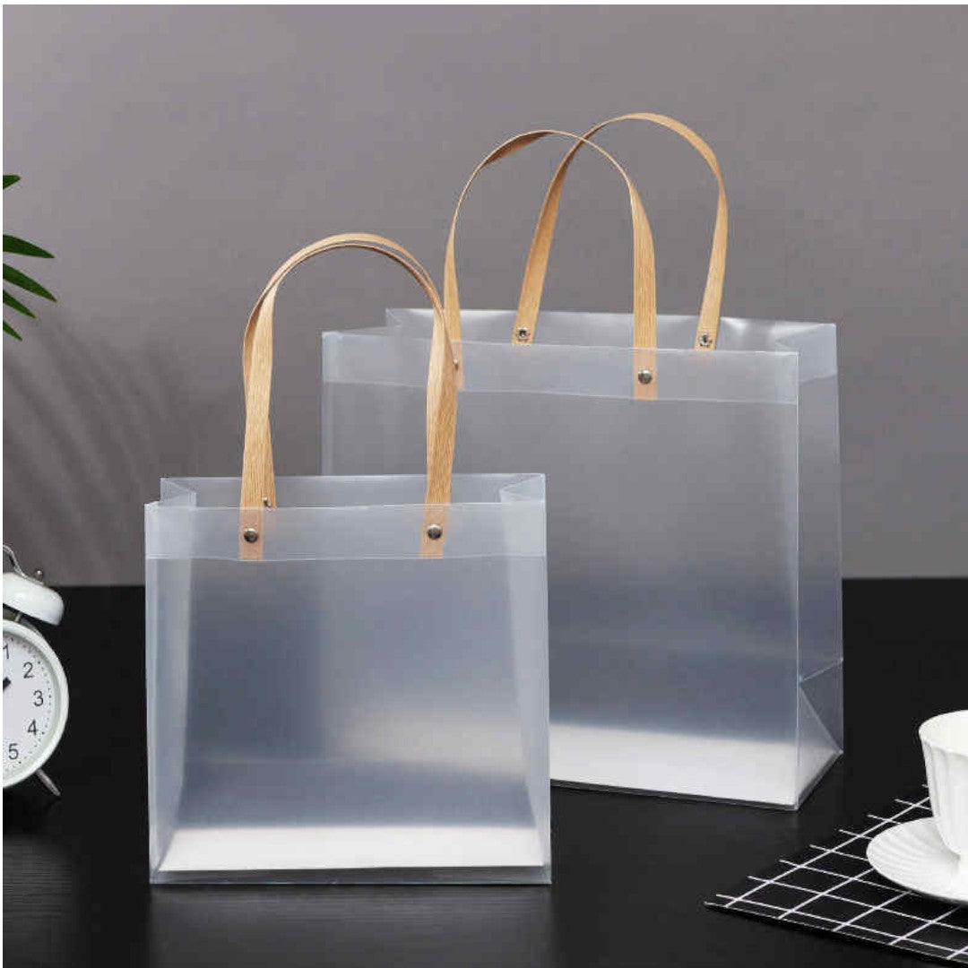 PVC Plastic Frosted Landscape Reusable Gift Bag with Brown Strip Handle
