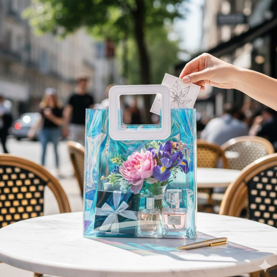 PVC Gift Tote Glossy Bag with Square Handle Iridescent 17x19cm