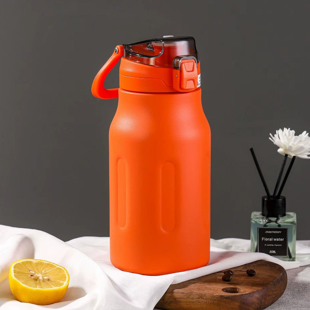 Stainless Steel Metal Thermos One-handed Opening Water Bottle with Lid and Straw