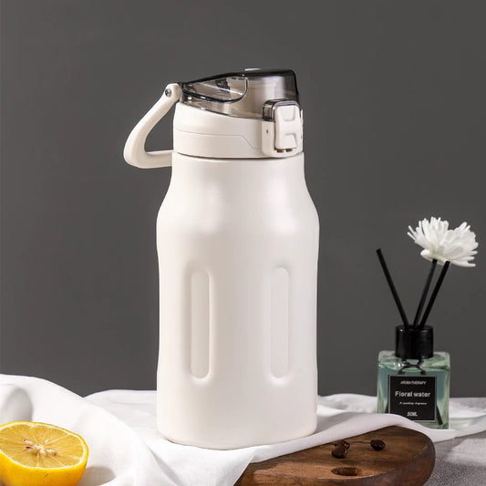 Stainless Steel Metal Thermos One-handed Opening Water Bottle with Lid and Straw