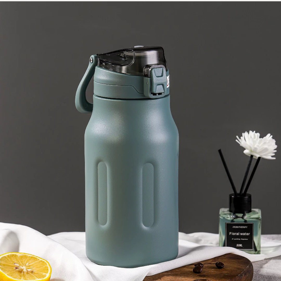 Stainless Steel Metal Thermos One-handed Opening Water Bottle with Lid and Straw