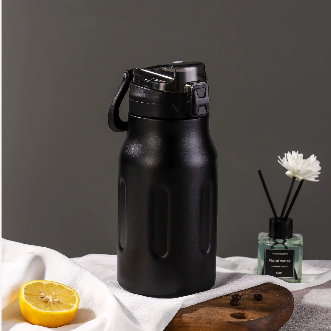 Stainless Steel Metal Thermos One-handed Opening Water Bottle with Lid and Straw
