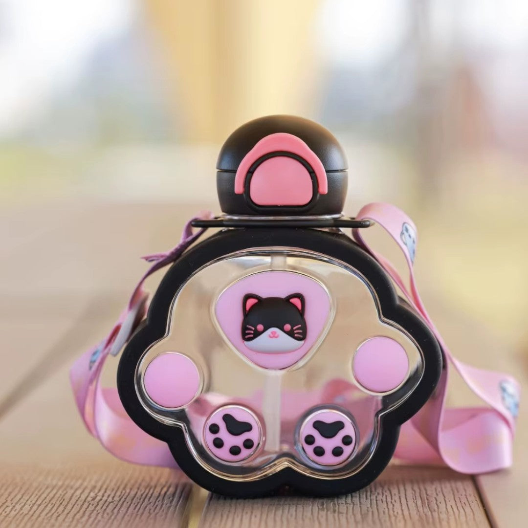 Plastic Cartoon Cat Paw Water Bottle with Mini Straw 520ml