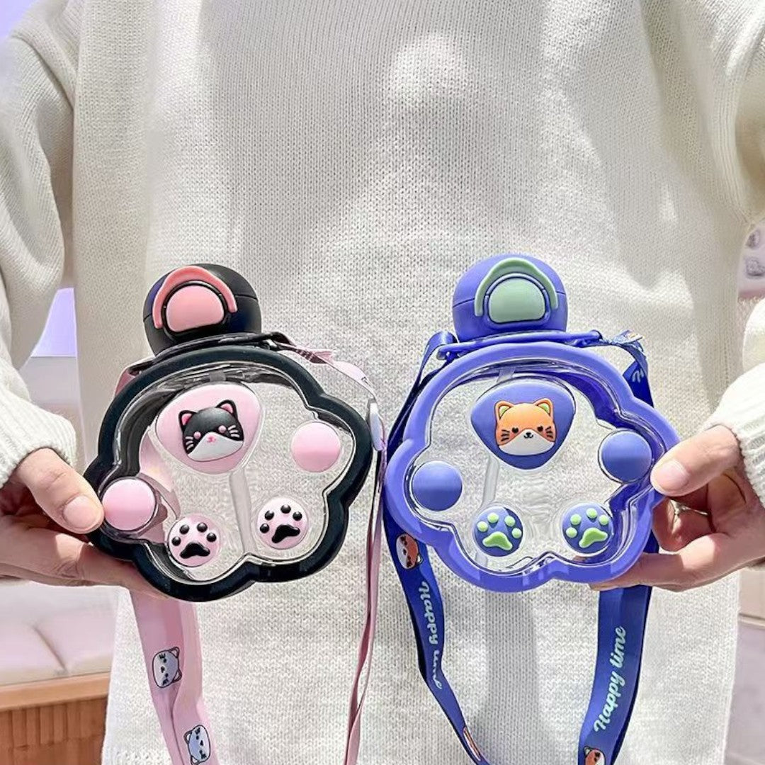 Plastic Cartoon Cat Paw Water Bottle with Mini Straw 520ml