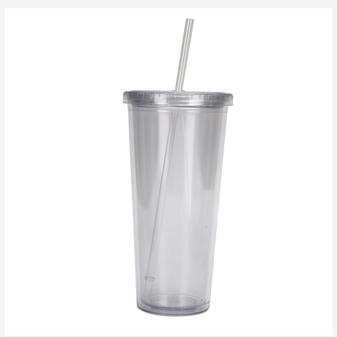 650ML Clear Plastic Double Wall Reusable With Flat Lid Double Layer Straw