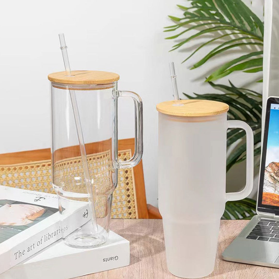 Glass Tumbler Clear/Frosted with Wooden Lid and Straw