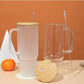 Glass Tumbler Clear/Frosted with Wooden Lid and Straw
