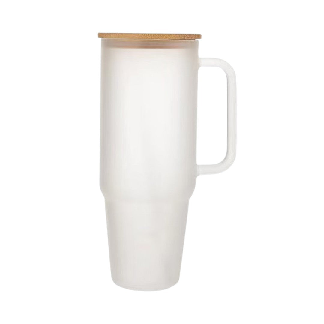 Glass Tumbler Clear/Frosted with Wooden Lid and Straw