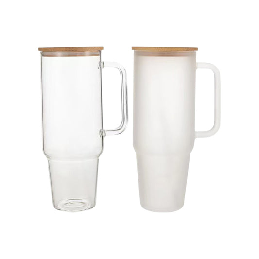 Glass Tumbler Clear/Frosted with Wooden Lid and Straw