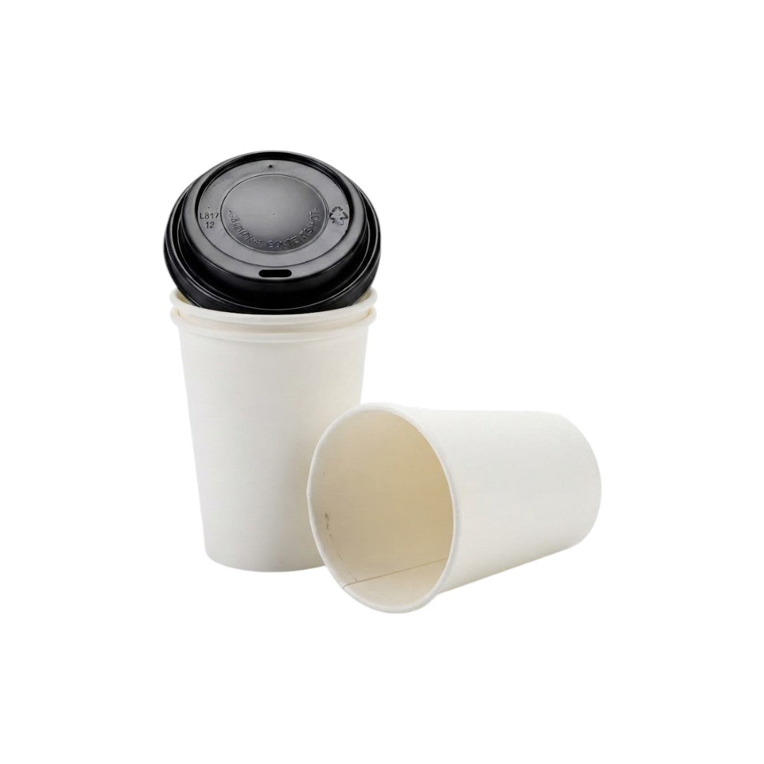 250ml Disposable Coffee Cups Single Wall White and Black Sip Lid 5Pack