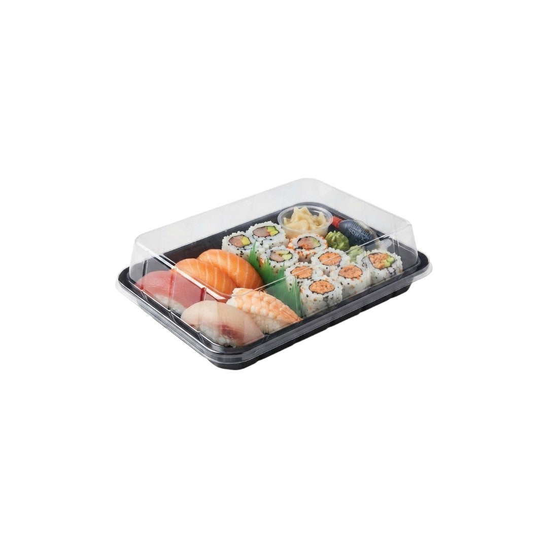 Sushi Lunch Meal Container Medium Tray  Black Base with Clear Lid T271/L355 – 10Pack