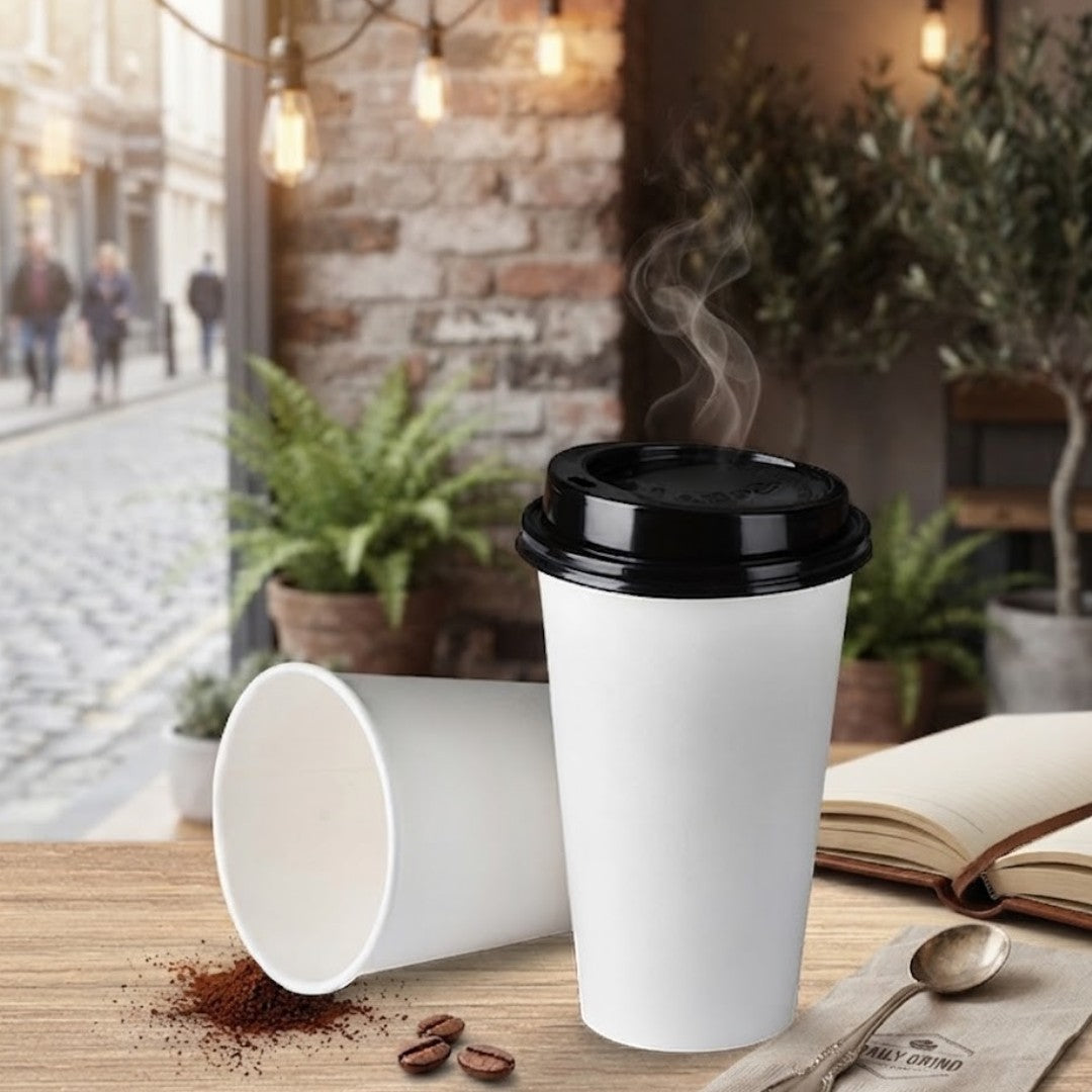 250ml Disposable Coffee Cups Single Wall White and Black Sip Lid 5Pack